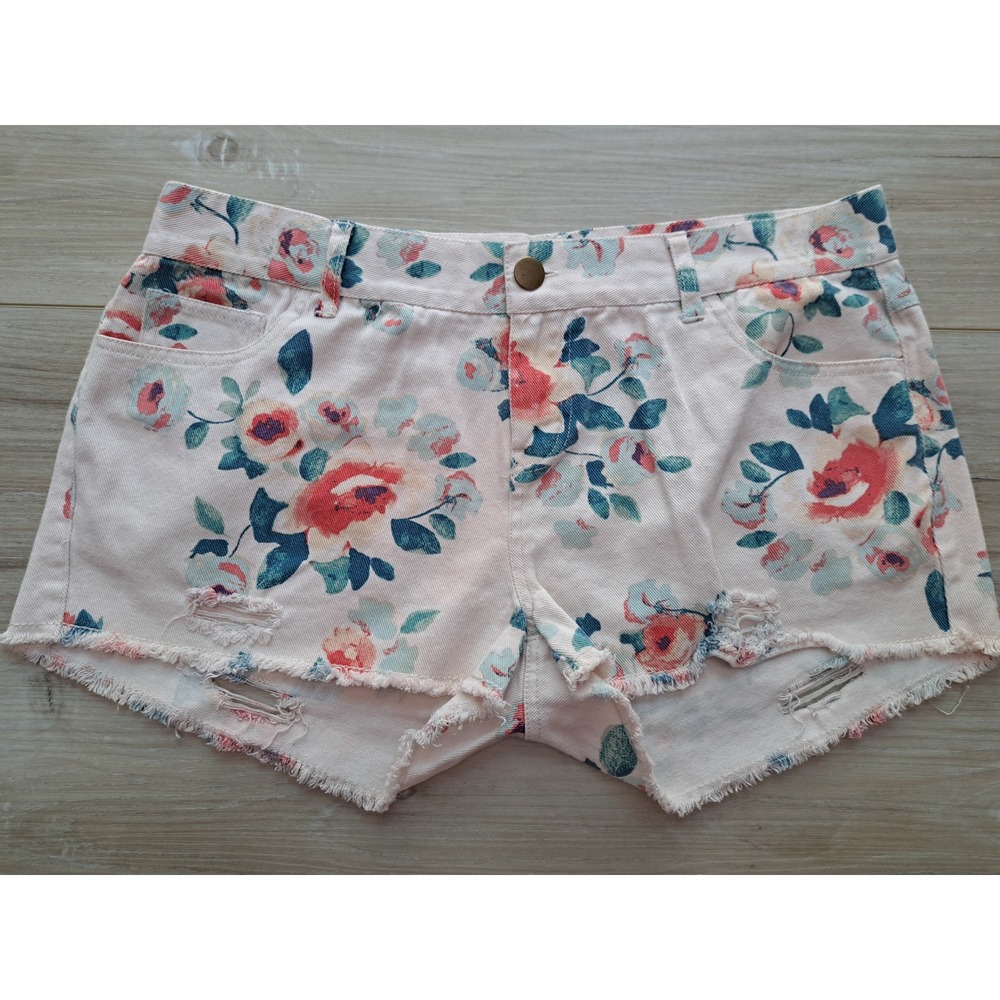 MINE Floral Distressed Denim Shorts Cream Coral Teal Boho Raw Hem Size L